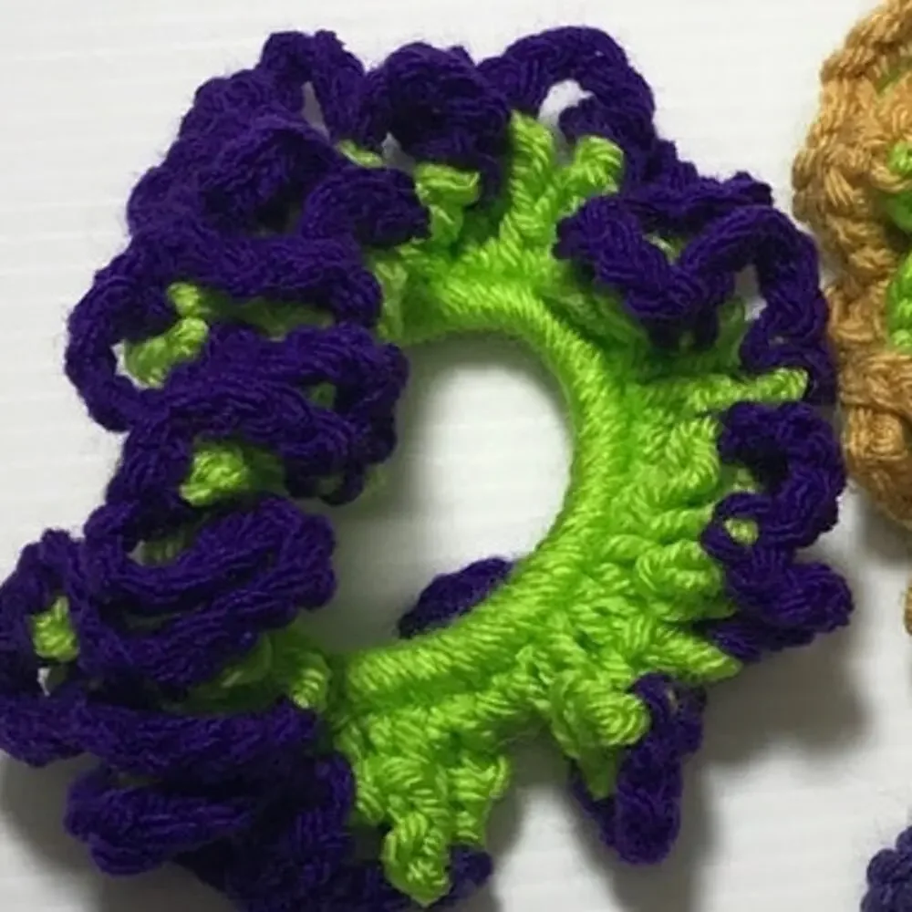 NWT Purple Green Gold Handmade Crocheted Hair Scrunchie Set of 3